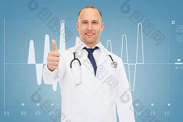 微笑的医生，听诊器竖起大拇指