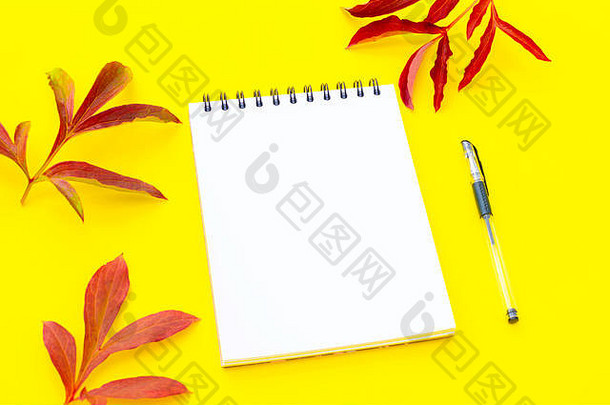 用一支笔在黄色的秋叶背景上打开空笔记本。
