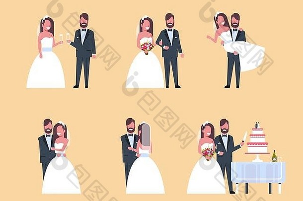 集刚结婚的男女站在一起不同姿势系列浪漫夫妇新郎新娘恋爱婚礼日概念全长