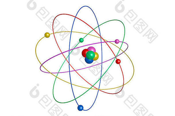 三维计算机插图，原子核和电子在白色背景上椭圆旋转的原子的数字设计