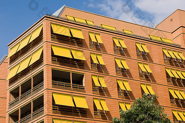 柏林带黄色百叶窗的现代公寓楼