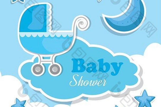 带婴儿车和图标的婴儿淋浴卡