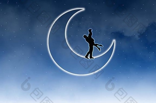 经典仙女演讲浪漫夫妇爱月亮多云的晚上天空梯度背景插图夫妇拥抱月亮浪漫的晚上