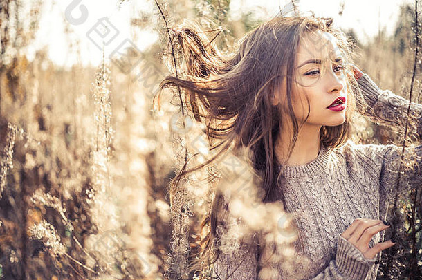 户外时尚照片，年轻美丽的女士在秋天的风景与干花。针织毛衣，口红。温<strong>暖</strong>的秋天。<strong>暖春</strong>