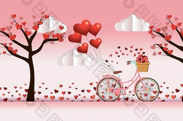 自行车和树上的心形花装饰情人节