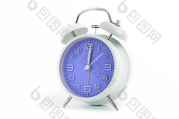 双胞胎钟模拟报警时钟蓝色的时钟脸显示过去的概念白色背景