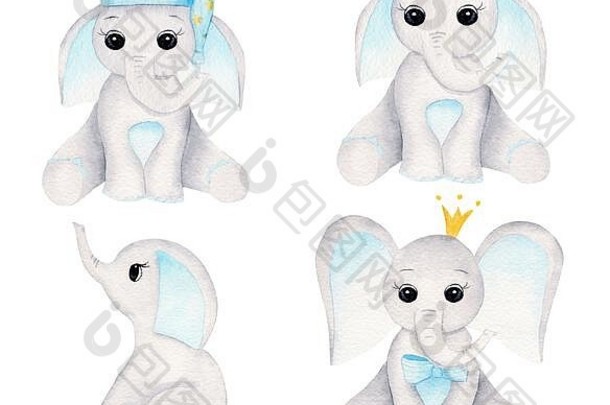 大象小牛手画光栅插图集坐着动物男孩水彩作文包可爱的水瓶座婴儿大象皇冠