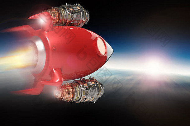 太空中红色航天飞机的三维渲染