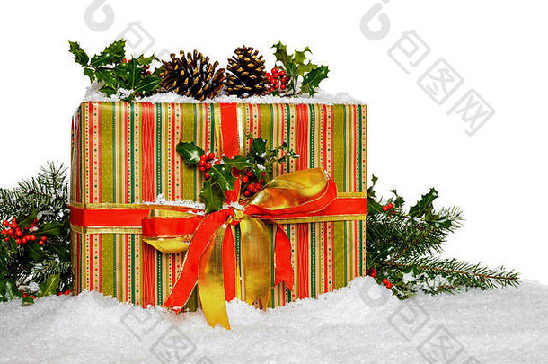 礼物包装圣诞节现在冬青雪白色背景