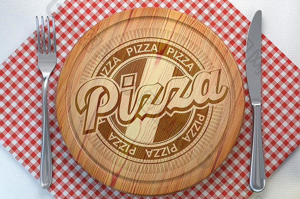 比萨餐厅比萨店概念。用文字比萨饼切割木板。三维插图