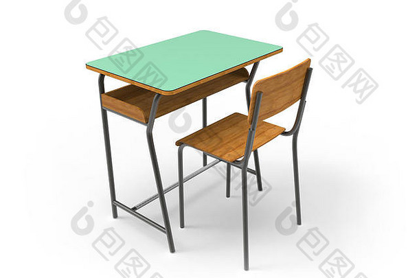 带椅子的书桌，独立于白色背景。