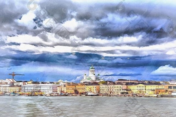 <strong>城市</strong>景观彩色绘画，波罗的海，赫尔辛基，芬兰