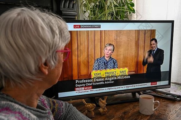 英国政府每日<strong>新闻发布会</strong>副首席科学顾问安吉拉·麦克莱恩夫人；被观众在电视上观看。