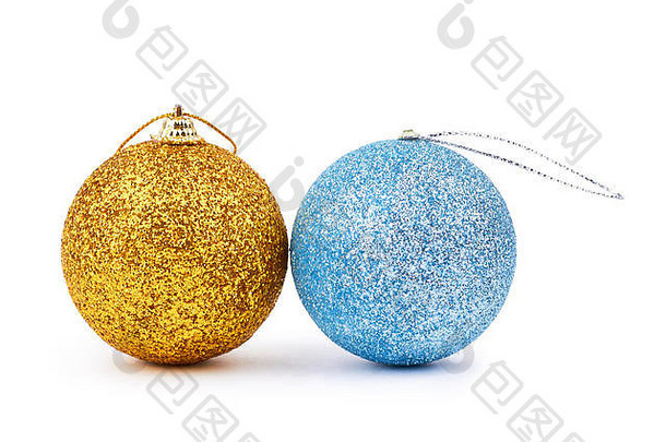 金色和蓝色的圣诞闪亮球。