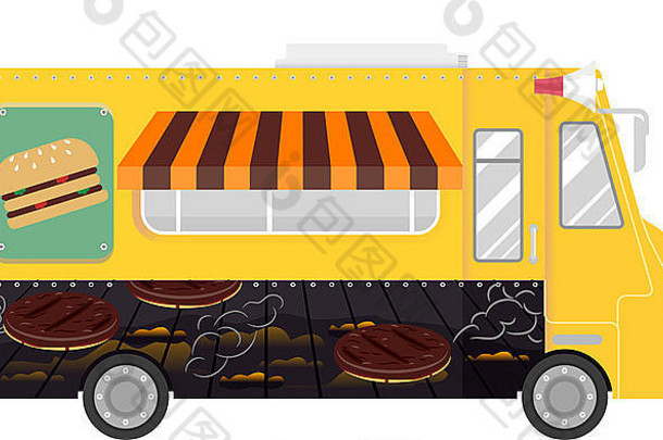 一辆专门卖汉堡的食品卡车的彩色插图