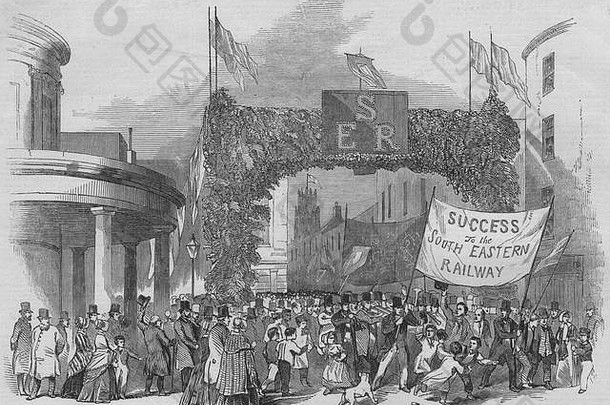 东南铁路延伸至拉姆斯盖特。在市场上游行。肯特1846年。伦敦新闻画报
