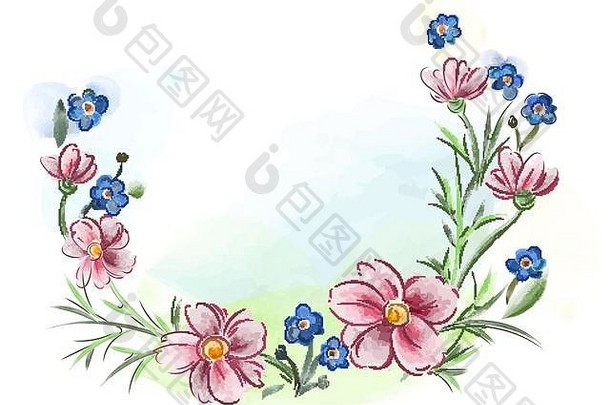 水彩花紫罗兰堇型花叶子草地