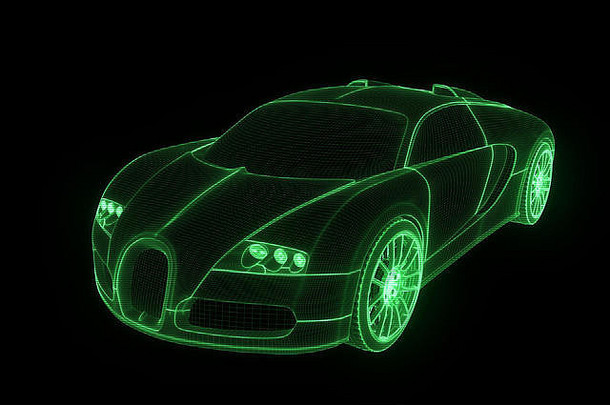 全息线框风格的跑车。漂亮的3D渲染。