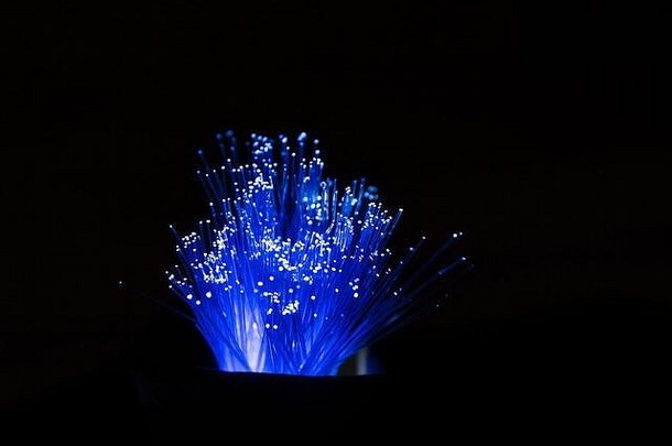 光纤，因特网导线材料概念，为电信目的传输光信号。玻璃管在黑暗中发光。