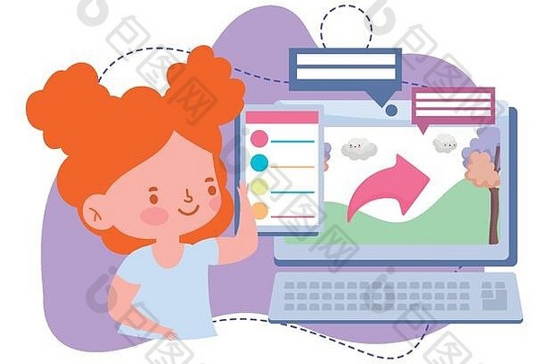 在线教育、女学生计算机学习课程、网站和移动培训课程
