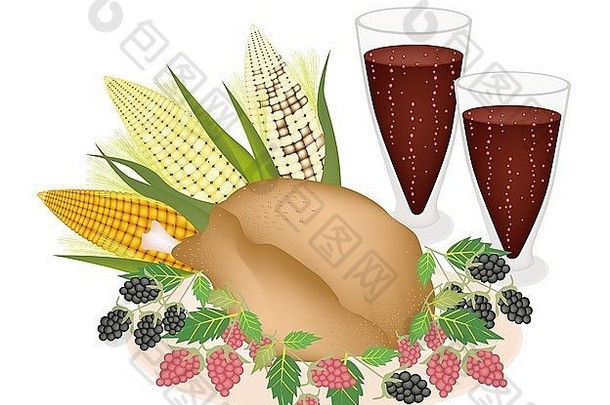 插图新装的烤火鸡浆果水果酒盘感恩节假期晚餐