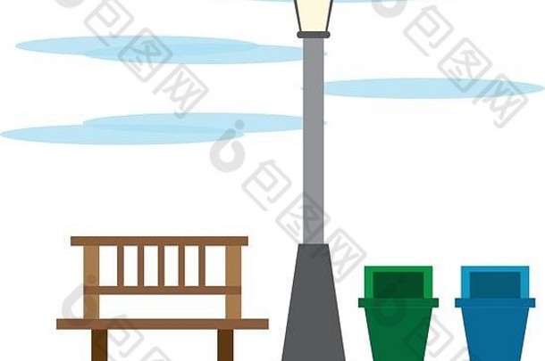 带灯和长凳的公共公园视图