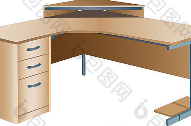 维插图的角度现代木办公室角落里桌子上工作站孤立的白色背景