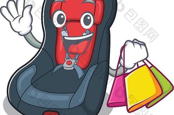 一个快乐而富有的婴儿汽车座椅挥舞着，手里拿着购物袋