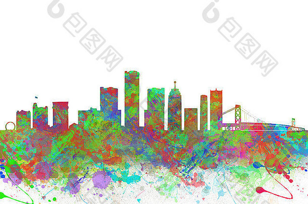 美国底特律天际线水彩艺术版画