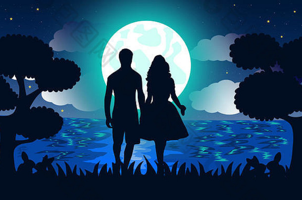 月光下的浪漫插画。在蓝色夜色渐变背景下，一对情侣手牵手在森林中的剪影。爱的概念。