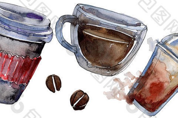 冷热咖啡饮料。水彩背景插图集。独立的饮料说明元素。