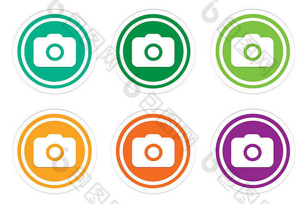 集圆形的色彩斑斓的图标相机象征绿色黄色的橙色紫色的颜色