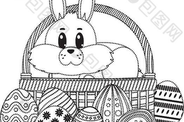 篮子和复活节彩蛋内的斑点状兔子动物