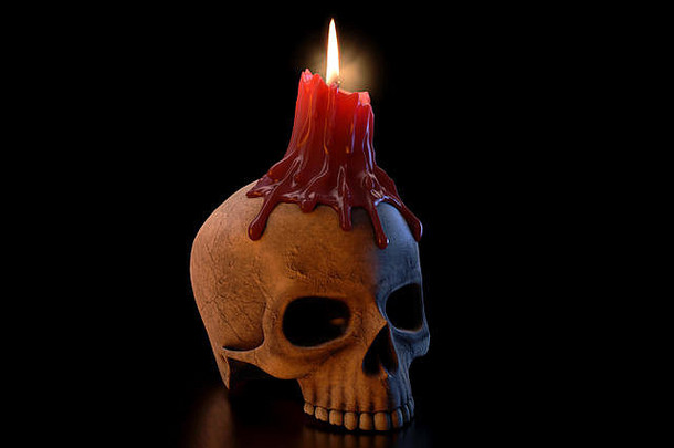 这一概念展示了一个人的头骨，在一个孤立的黑暗工作室背景上，顶上是一支融化的红光<strong>蜡烛</strong>