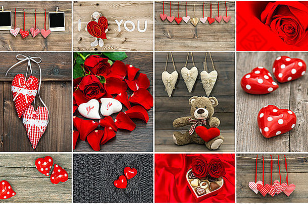 情人节贺卡的概念。红心、玫瑰花、装饰品、相框