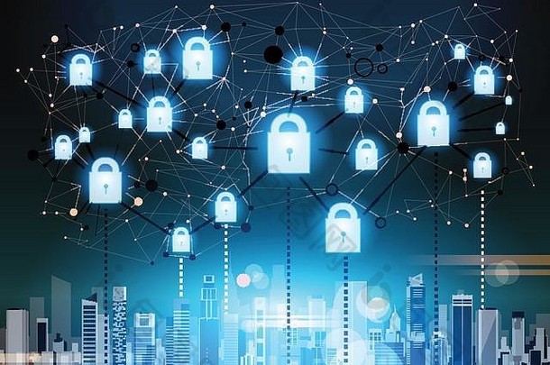 ciyscape数据保护隐私概念上的挂锁。GDPR。网络安全背景。屏蔽个人信息。互联网技术网络连接数字空间