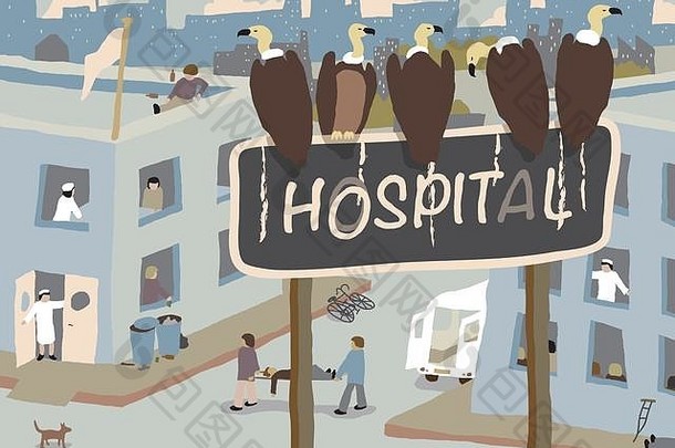 图为一群秃鹫在一家繁忙破旧的医院旁等候