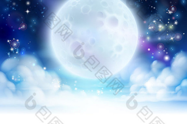 月亮的夜空背景是云和星星。底部渐变为白色，便于用作边框设计或标题。