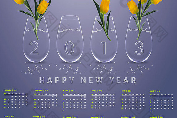 2013年新年日历，玻璃花瓶中的黄色郁金香概念图。