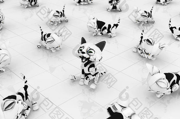 机器猫白色瓷砖表面一个醒着的哈欠，3d插图，水平背景