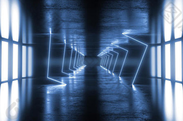 外星人科幻现代未来主义霓虹荧光虚拟现实三角形蓝色动感灯光在空旷的工作室黑暗反射的垃圾混凝土街