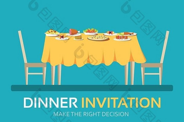 以平面设计理念为背景，搭配多种食物的复古餐桌。产品或插图、web和移动应用程序的图标