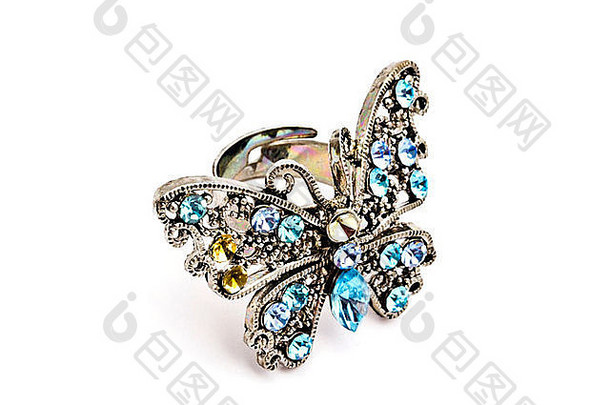 时尚戒指-美丽的蝴蝶与五颜六色的石头