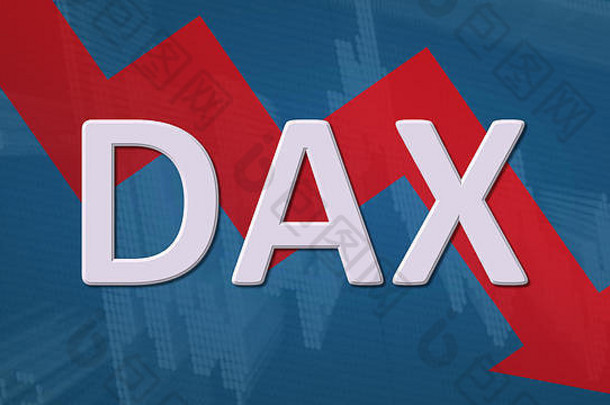 德国蓝筹股股票市场指数DAX正在下跌。蓝色背景上DAX一词后面的红色之字形箭头与股市图表显示。。。