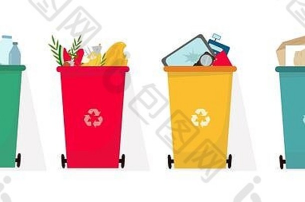 浪费排序trashbins塑料有机纸技术垃圾白色背景插图