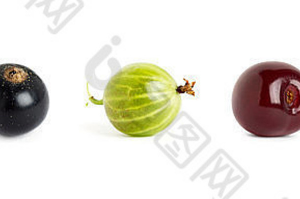 白色背景上的甜浆果。覆盆子、黑加仑子、醋栗、樱桃和红加仑子特写