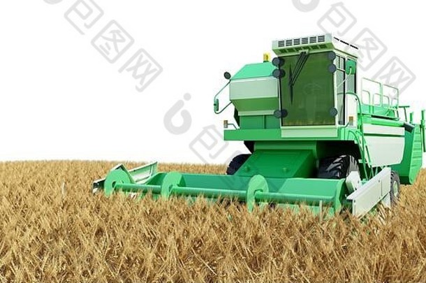 现代联合收割机工作在白色的小麦作物上