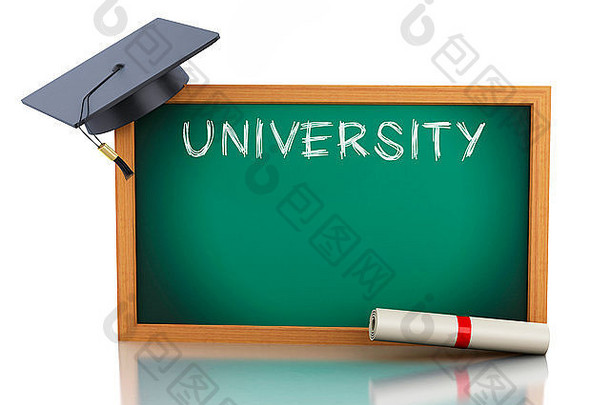带毕业证书和毕业帽的3d黑板。孤立的白色背景。3d渲染器插图。