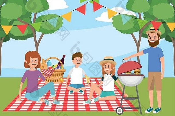 一家人在桌布上玩野餐，用篮子娱乐