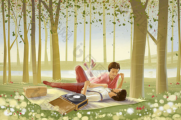 插图浪漫的夫妇说谎野餐毯子森林